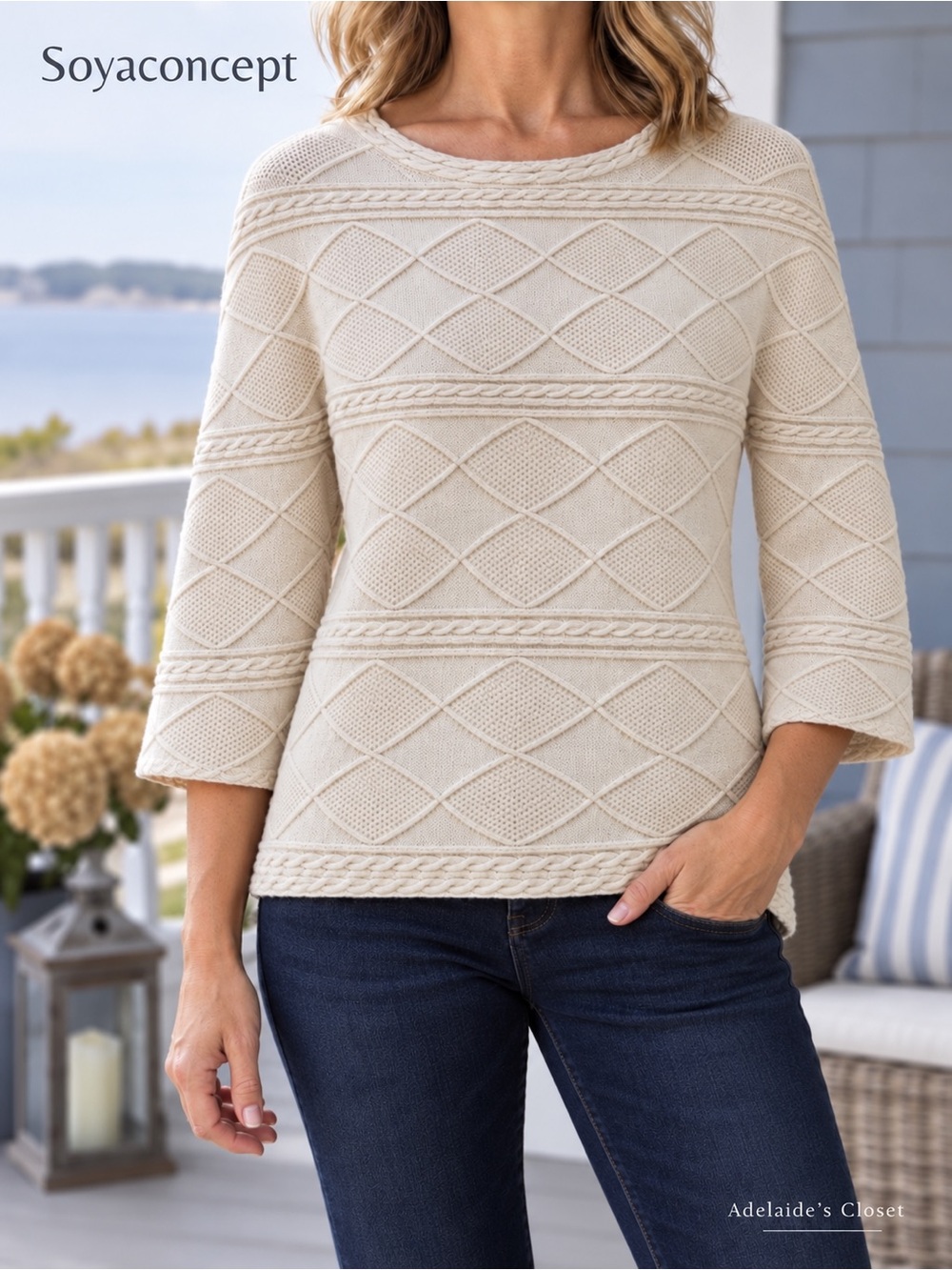 Soyaconcept Cream Diamond Cable Knit Sweater Women’s Small Relaxed Fit